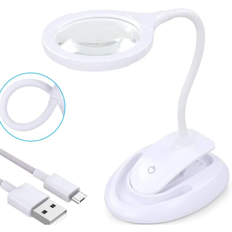 Loupe avec lumière, lampe grossissante 5X 10X avec support et pince, lampe grossissante de bureau rechargeable et à luminosité réglable pour la