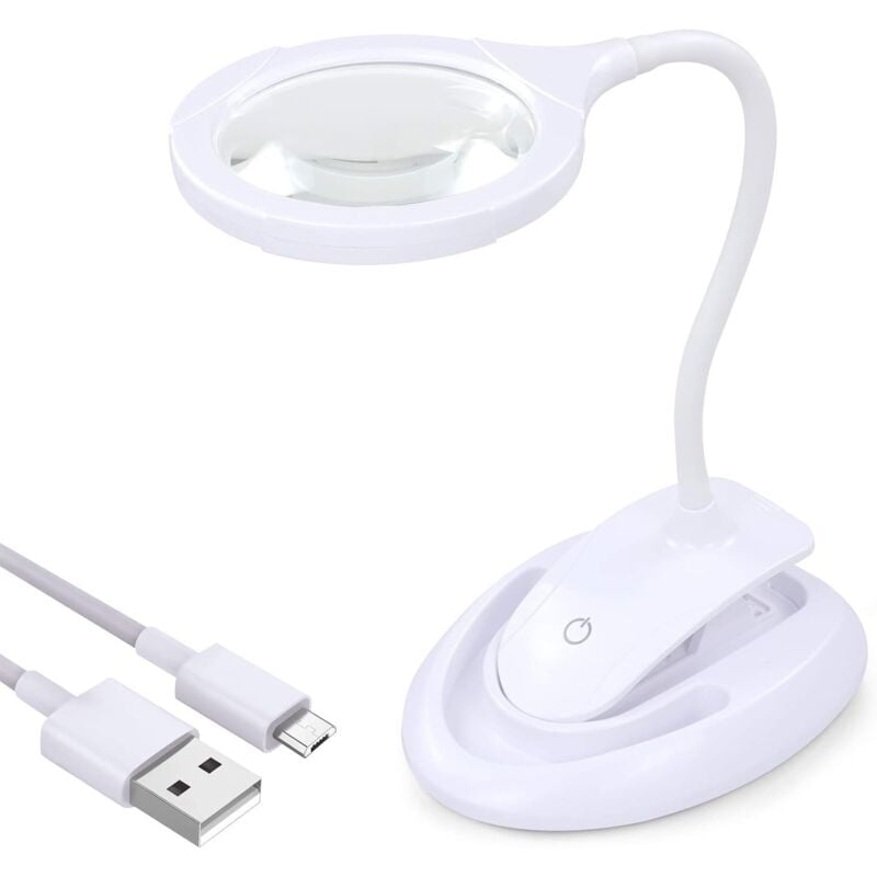 Loupe avec lumière, lampe grossissante 5X 10X avec support et pince, lampe grossissante de bureau rechargeable et à luminosité réglable pour la