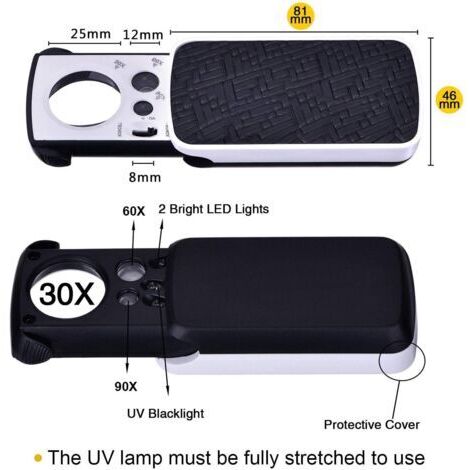 Loupe de bijouterie, loupe de poche, petite loupe portable, loupe de bijouterie, grossissement 30x, 60x, 90x, avec lumière LED et UV (noire).