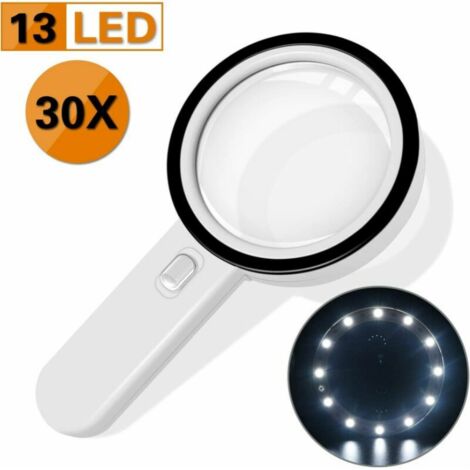Loupe de lecture, 30X Loupe Eclairante Avec 13 LED Lumières 128mm Loupe Lumineuse pour la Lecture l’Exploration l’Inspection Cartes du Monde Journaux et Bijoux