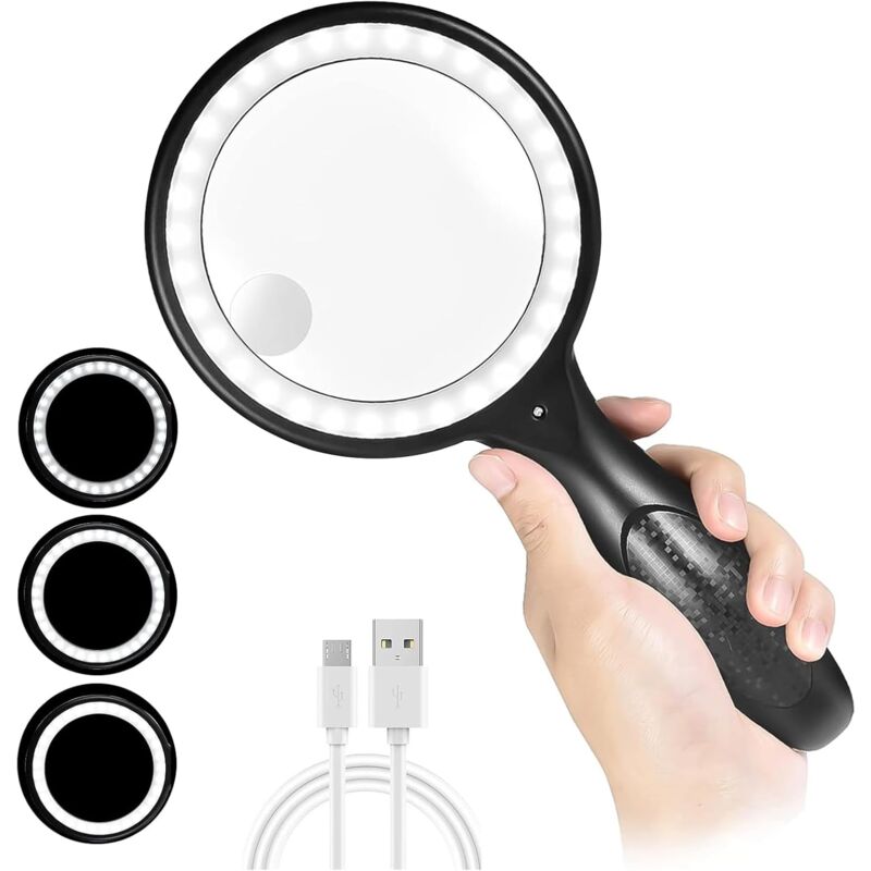 Loupe de Lecture, 60X 30X 33LED Loupe Grossissante avec Lumière, usb Rechargeable Loupe led, 3 Modes D'éclairage, Loupe Lumineuse pour la Lecture