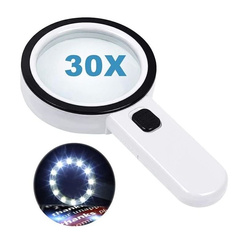 SNQ - Loupe de lecture avec 12 lumières led, double lentille en verre et grossissement de 30x. Pour une lecture facile des pièces de monnaie, des