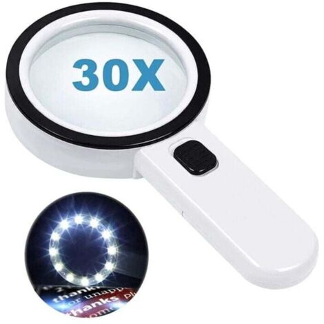 Loupe de lecture avec 12 lumières LED, double lentille en verre et grossissement de 30x. Pour une lecture facile des pièces de monnaie, des timbres et des cartes.