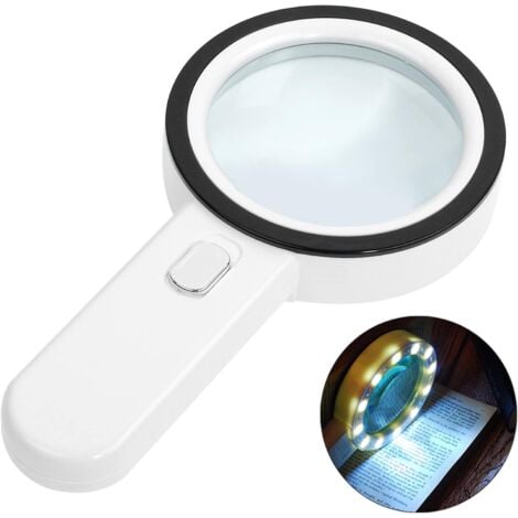 NAXUNNN Loupe de Lecture éclairée, Loupe 30X avec 12 LED Lumière Loupe Grossissante à Main, Loupe Eclairante pour Lecture, Bijoux, Seniors, Malvoyant, Observation et Travaux Manuels (Bouton d'argent)