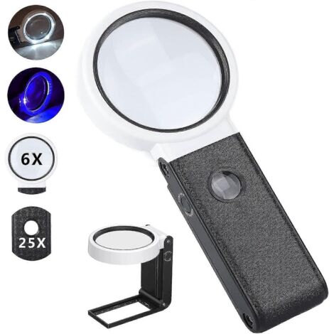 Loupe de lecture éclairée 25x 6x, loupe avec 6 LED et 2 lampes UV, loupe de poche, loupe de table avec support pliable