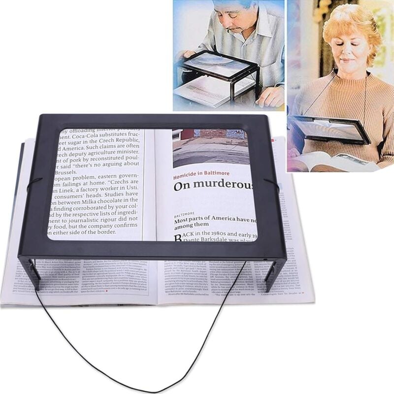 Loupe de lecture, Loupe avec lumière led, Loupe rectangulaire mains libres avec grossissement 3x, 4 lampes led et pieds dépliants - A4 Pleine Page