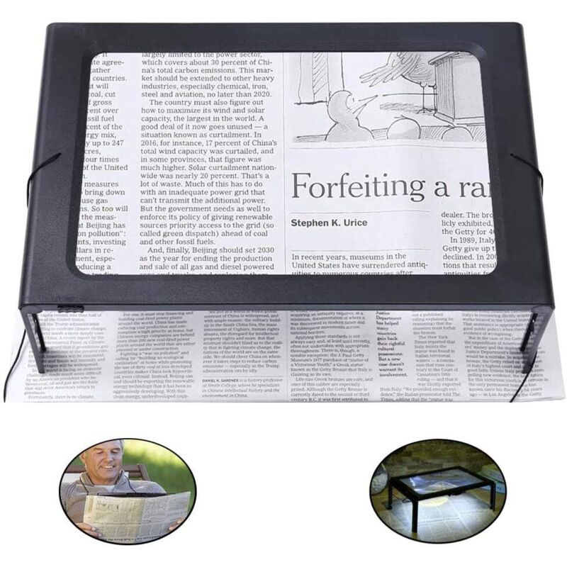 Loupe avec lumière led, Loupe de lecture, Loupe rectangulaire mains libres avec grossissement 3x, 4 lampes led et pieds dépliants - A4 Pleine Page