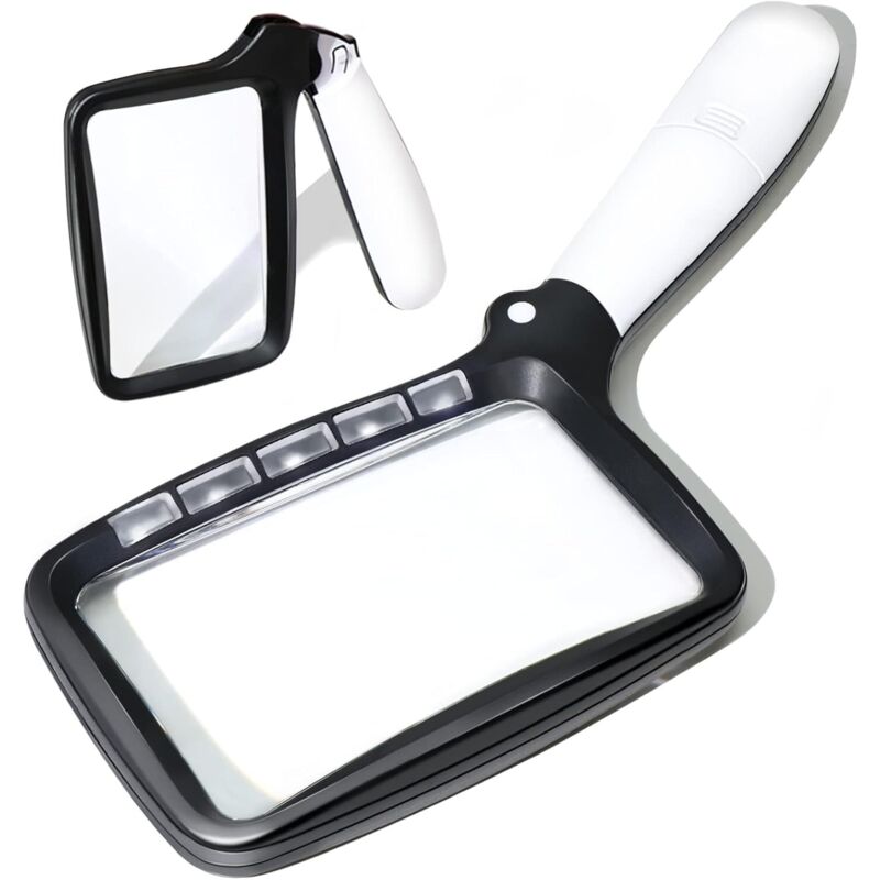 Loupe de Lecture Lumineuse, Loupe, 2X Grand Loupes Eclairante avec 5 Lumières à led