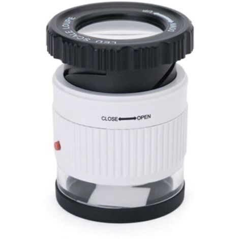 Loupe de lecture portable avec LED et échelle intégrée, grossissement ajustable jusqu’à 30x, type cylindrique, blanc
