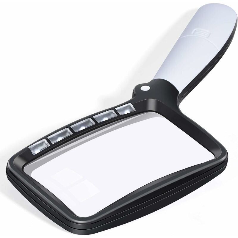 Loupe de lecture rectangulaire avec 5 lumières à LED, 2 modes d’intensité et grossissement 2x pour personnes âgées ou avec une mauvaise vue