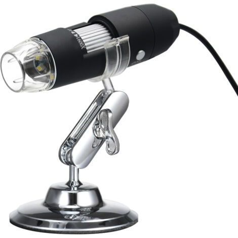 Loupe de microscope numérique USB à zoom avec fonction OTG, éclairage 8 LED, grossissement 1600x et support inclus.