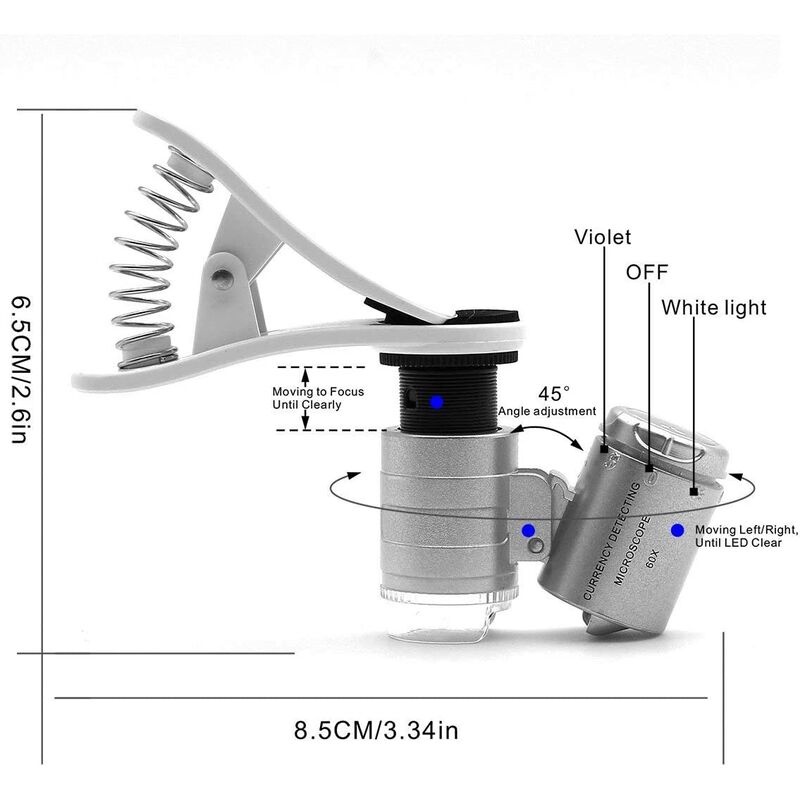 Loupe de microscope à zoom 60x, Microlentille à pince pour led + lumière ultraviolette pour téléphones mobiles universels pince universelle pour