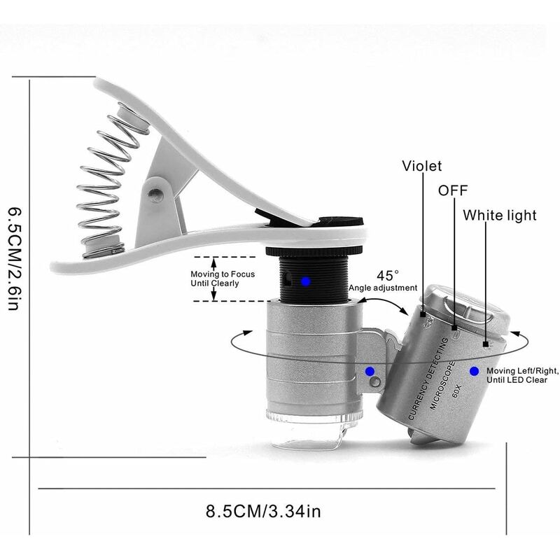 Serbia - Loupe de microscope à zoom 60x, Microlentille à pince pour led + lumière ultraviolette pour téléphones mobiles universels pince univers pour