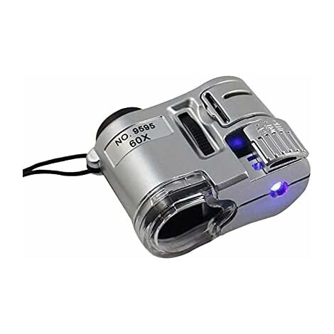 Loupe de Poche 60X Mini Microscope de Poche Loupe Détecteur de Devise Portable Bijoutier Loupe Lunettes avec Lumière UV (Couleur : Argent) (Argent)