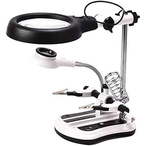 Loupe de table monoculaire 2,5x, 6x, 5x, 10x avec lampe et 18 LED, support à pince crocodile - Idéale pour les loisirs créatifs, la bijouterie, la soudure et la réparation.