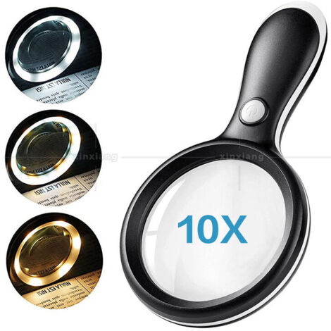Loupe Eclairante, 10X Loupe de Lecture avec 3 Modes D'éclairage et 18 LED pour La Lecture des Personnes Âgées, L'inspection, Les Loisirs, L'artisanat, L'exploration des Enfants (Noir)