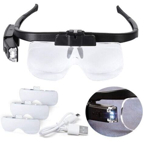 Loupe éclairante LED pour travaux de précision, loupe frontale rechargeable par USB, mains libres pour broderie au point de croix, couture, loisirs créatifs, lecture, 3 lentilles de rechange (grossiss