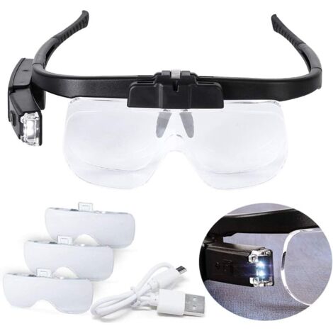 Loupe éclairante LED pour travaux de précision, loupe frontale rechargeable par USB, mains libres pour broderie au point de croix, couture, loisirs créatifs, lecture, 3 lentilles de rechange (grossiss