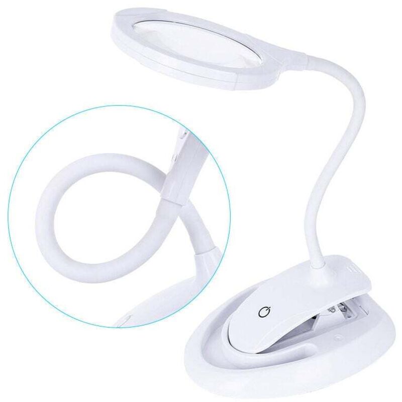Loupe éclairée, loupe avec lumière, lampe loupe 5x et 10x avec support et pince, lampe loupe de bureau rechargeable et luminosité réglable pour le