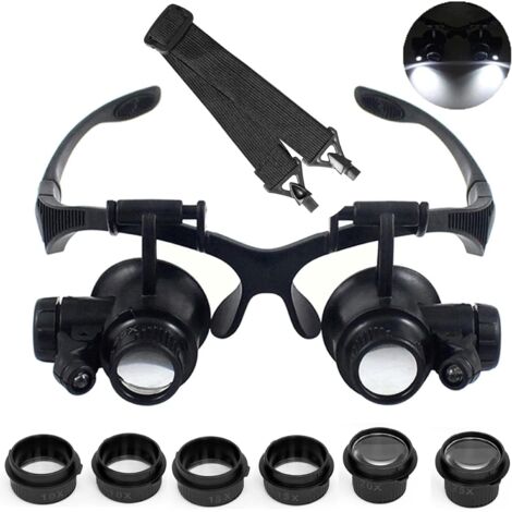 Loupe frontale LED 10 x 15 x 20 x 25 x mains libres avec lampe pour travaux de rapprochement, bijoux, artisanat, montre, loisirs et lecture