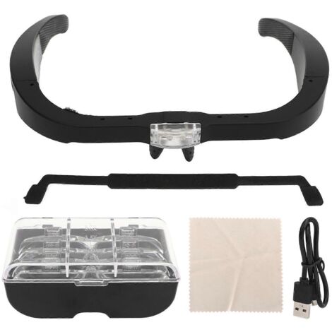 Loupe frontale réglable avec éclairage LED blanc et 4 lentilles interchangeables, idéale pour la réparation de montres et les loisirs créatifs.