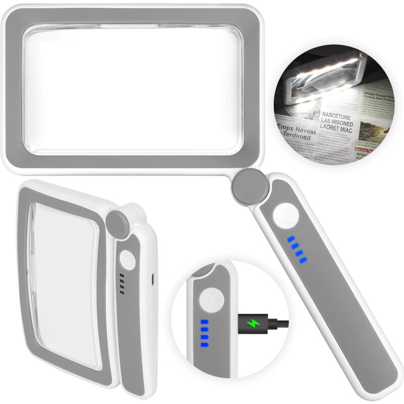 Loupe grossissante 4x rechargeable pour la lecture - Grossissement latéral pratique avec lumière pour personnes âgées malvoyantes - Loupe LED légère