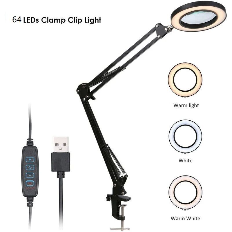 Loupe Loupe avec clip LED Grossissement 5x Luminosité réglable Dimmable 3 couleurs Changement de température Lampe de bureau Alimentée par USB avec