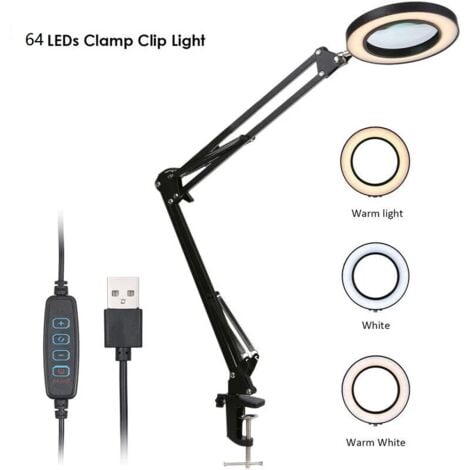 Loupe Loupe avec clip LED Grossissement 5x Luminosité réglable Dimmable 3 couleurs Changement de température Lampe de bureau Alimentée par USB avec support flexible