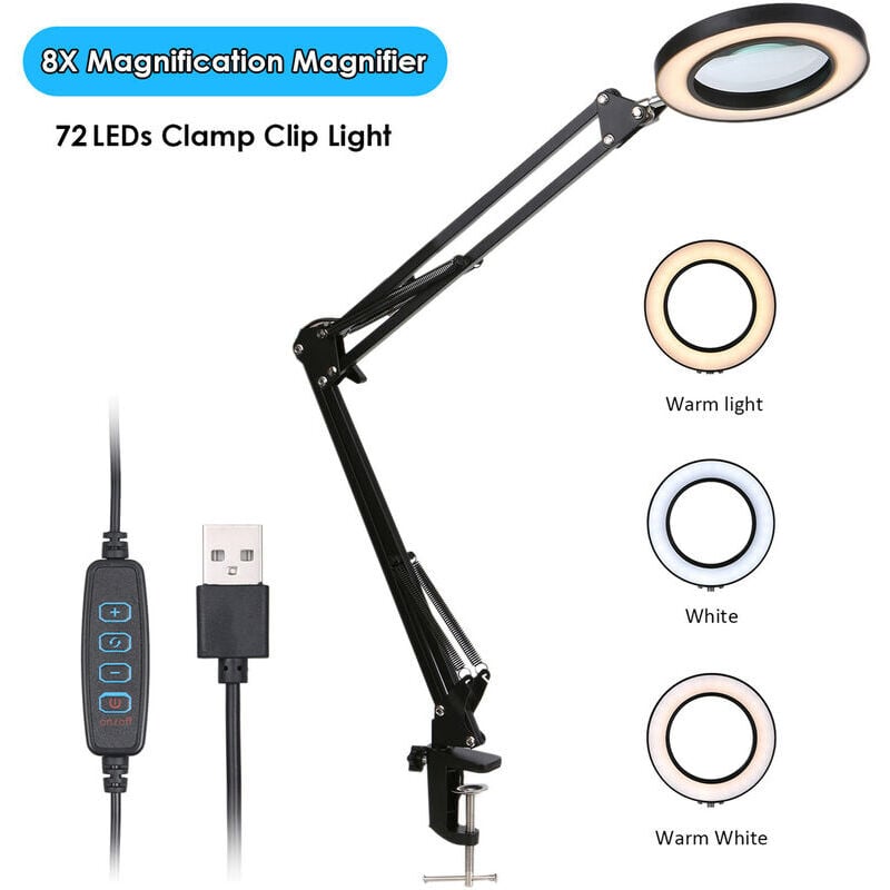 Loupe Loupe avec pince à pince led Grossissement 8X 10 niveaux de luminosité réglable Dimmable 3 couleurs Changement de température Lampe de bureau