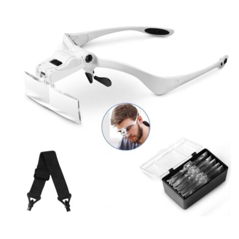 Loupe serre-tête avec lumière LED, loupe frontale avec 5 lentilles détachables (1,0X, 1,5X, 2,0X, 2,5X, 3,5X), pour travaux de précision, lecture, bijoux, broderie, couture et fabrication de bijoux.