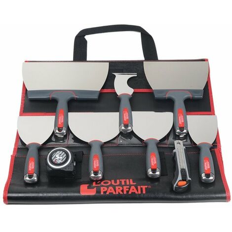 L'Outil Parfait – Kit plaquiste 4 couteaux inox 8-15cm – Rifflard 6 en 1 – Cutter 18mm – Mètre 5m – Pour plaques de plâtre – 80426