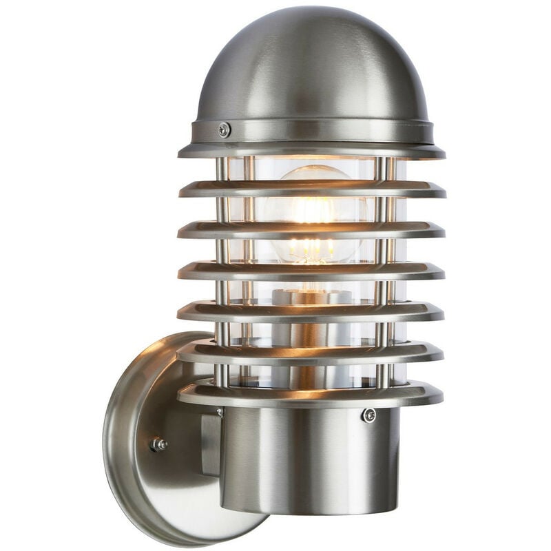 Louvre - 1 Light Outdoor Wall Light Polished Stainless Steel, Clear Polycarbonate IP44, E27 - Endon