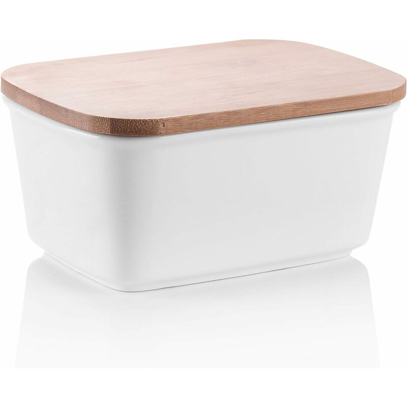 Lovecasa - Beurrier à Eau Breton en Porcelaine avec Couvercle en Bambou et Silicone, Haute Performance d'Étanchéité, Boîte à Beurre Tiramisu- 600ml