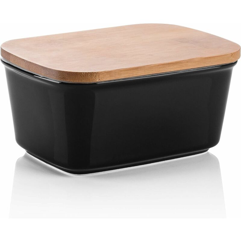 Beurrier à Eau Breton en Porcelaine avec Couvercle en Bambou et Silicone, Haute Performance d'Étanchéité, Boîte à Beurre Tiramisu- 600ml (Noir)