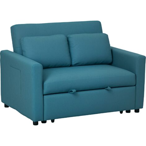 Loveseat Sofa Bed, Convertible Bed Settee with 2 Pillows, Side Pockets, Blue