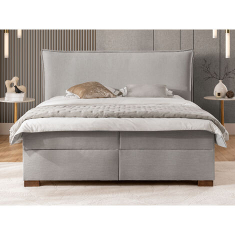 Lovetti Boxspringbett 140x200 mit Topper und Bettkästen aus Hellgrau Strukturstoff-Cordoptik, Massivholz Füße