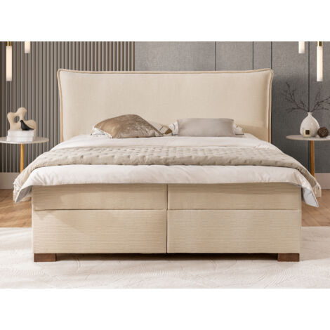 Lovetti - Boxspringbett 160x200 mit Topper und Bettkästen aus Beige Strukturstoff-Cordoptik, Massivholz Füße