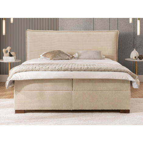 Lovetti - Boxspringbett 200x200 mit Topper und Bettkästen aus Beige Cord, Massivholz Füße