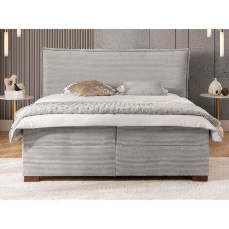 Lovetti - Boxspringbett 200x200 mit Topper und Bettkästen aus Hellgrau Cord, Massivholz Füße