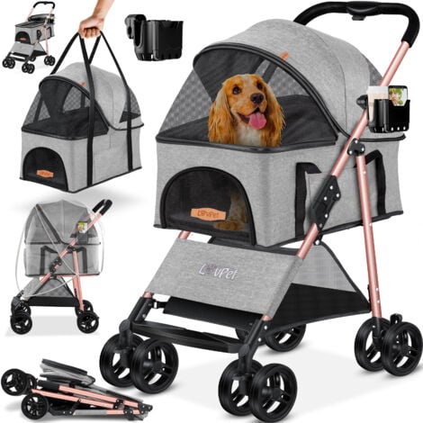 LOVPET cochecito de perro 2en1 buggy perro caja de transporte bolsa plegable plegable hasta 20 kg mascotas buggy con ventanas de malla y la lluvia cubierta jogger gris claro