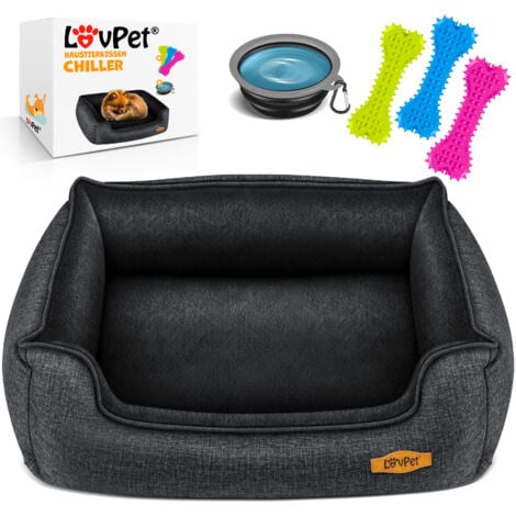 LOVPET® Hundebett, Hundekissen, Hundekorb Chiller, Inkl. Napf + 3X Kauknochen, Hundesofa Kissen für Kleine, Mittelgroße & Große Hunde, Bezug abnehmbar, Anthrazit / M (70 x 55 x 21 cm)