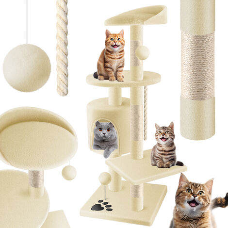 KESSER® Kratzbaum Katzenbaum Kletterbaum, mit Sisalstämmen , Stabil , mit Höhle, Spielbälle , Spielsisal & Spielseil , Höhe 112cm , mit vielen Kuschel- und Spielmöglichkeiten, Beige / Weiß