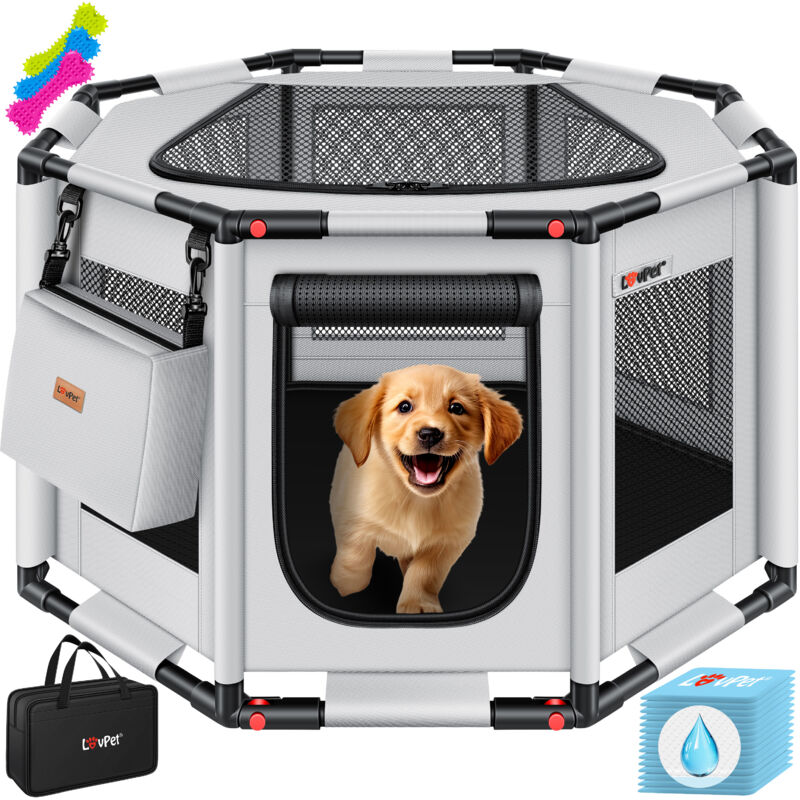 Lovpet - Parc pour chiots pour l'intérieur et l'extérieur Cage pour chiens en tissu Oxford Parc pour animaux pour chiens chats Gris, l