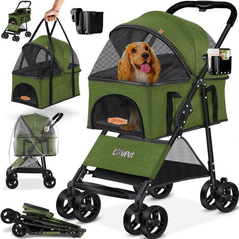 LOVPET Borsa per il trasporto di box per cani pieghevole fino a 20 kg Buggy per animali domestici con finestre a rete e copertura antipioggia Jogger Khaki