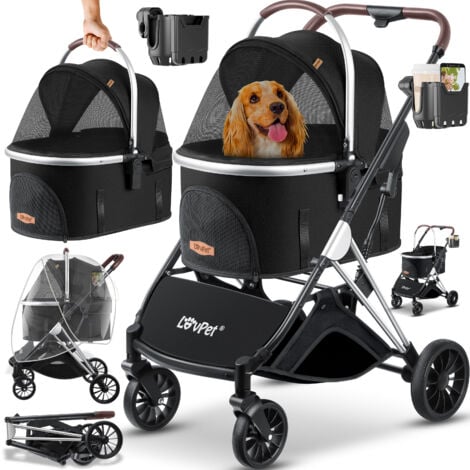 LOVPET Dog Buggy Borsa per il trasporto del box per cani 360° Ruote grandi Buggy pieghevole per animali domestici con finestre a rete e copertura antipioggia Grigio / Argent