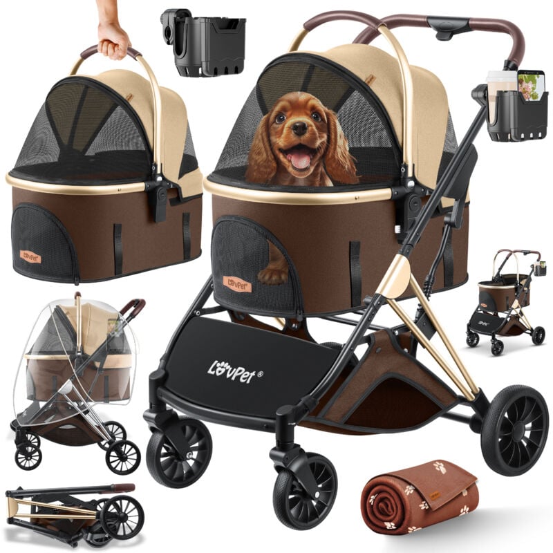Lovpet - Poussette pour chien 3en1 Buggy pour chien Boîte pour chien Sac de transport 360° Grandes roues Pliable Poussette pour animaux domestiques