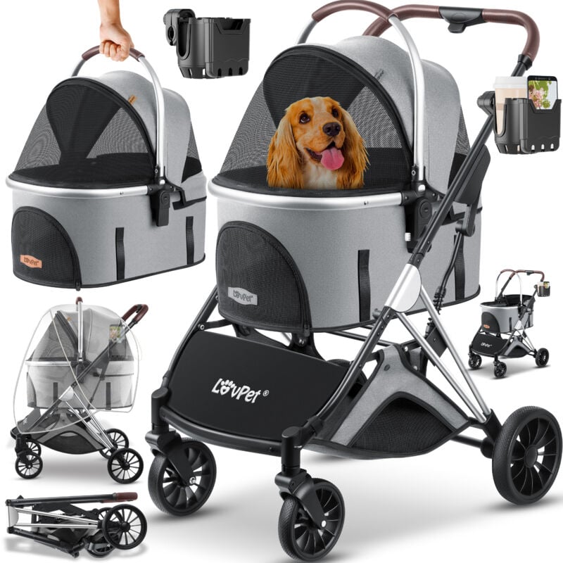 Lovpet - Poussette pour chien 3in1 Buggy pour chien Caisse de transport 360° Grandes roues Pliable Poussette pour animaux domestiques avec fenêtres