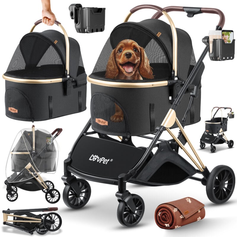 Lovpet - Poussette pour chien 3en1 Buggy pour chien Boîte pour chien Sac de transport 360° Grandes roues Pliable Poussette pour animaux domestiques