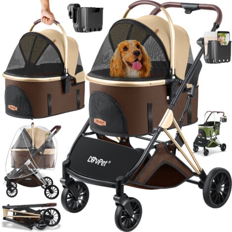 LOVPET 3en1 Buggy pour chien Boîte pour chien Sac de transport 360° Grandes roues Pliable Poussette pour animaux domestiques avec fenêtres en filet & housse de pluie Marron / Ch