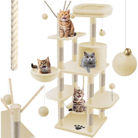 LOVPET® Tiragraffi XXL per gatti, con amaca, paletti in sisal, stalla, grotta, palline, sisal e corda, altezza 149 cm, beige.